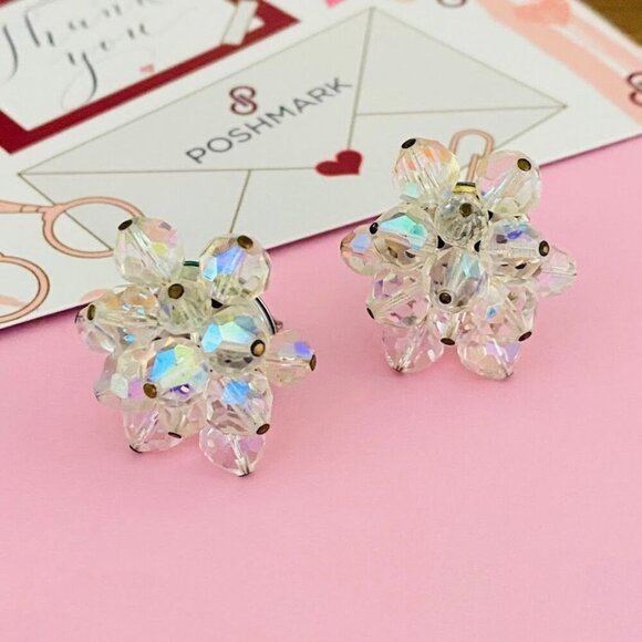 Vintage AB Aurora Borealis Cluster Clip-on Earrings - Picture 2 of 4